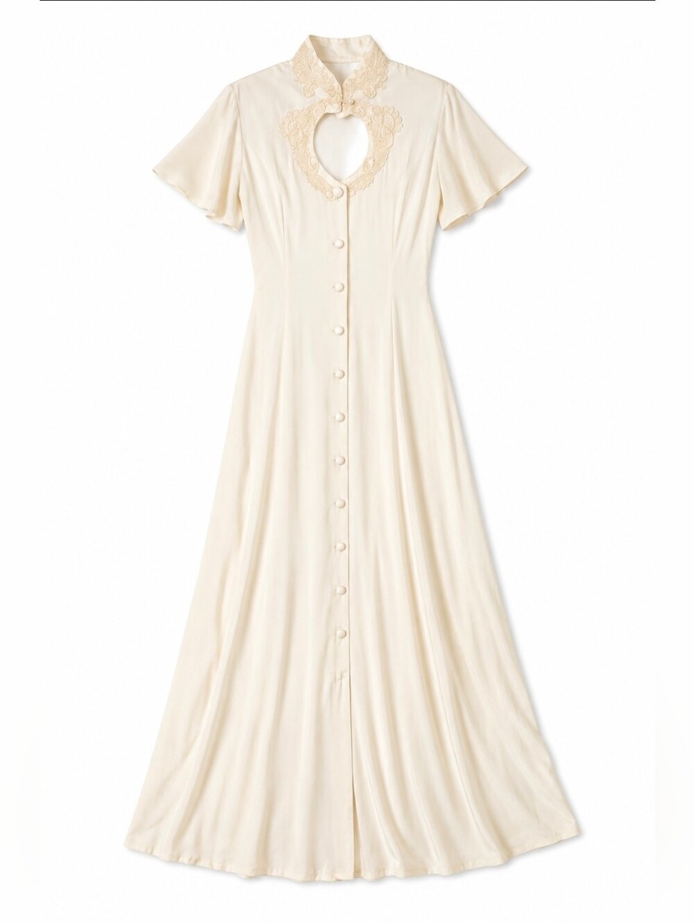 Vintage Sans Souci Ivory Embroidered Keyhole Maxi Dress Romantic Bridal
